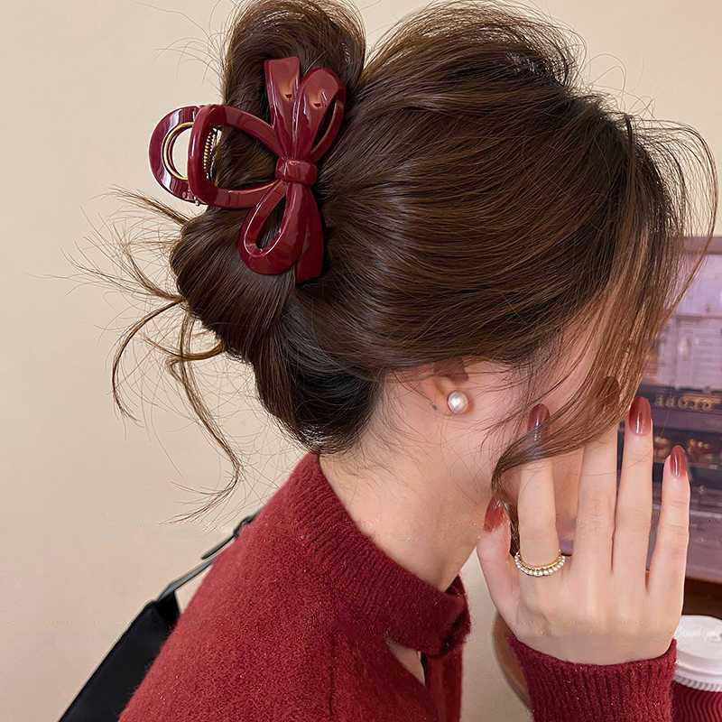 Women Large Dark Red Color Hair Claws Barrettes Hairpins Plastic Ponytail Hair Clips Girls Senior Hair Shark Clip Accessories