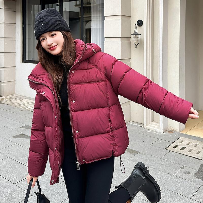 Dame Kort Hette Vindtett Tykk Varm Vinterjakke med Raglanermer