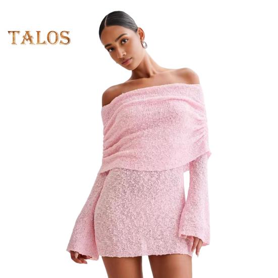 

Жіноча сукня Шалевий комір Довгі рукави-ліхтарики Еластична Однотонна Облягаюча Довжина вище коліна Міні-сукня Клубна вечірня сукня M рожевий