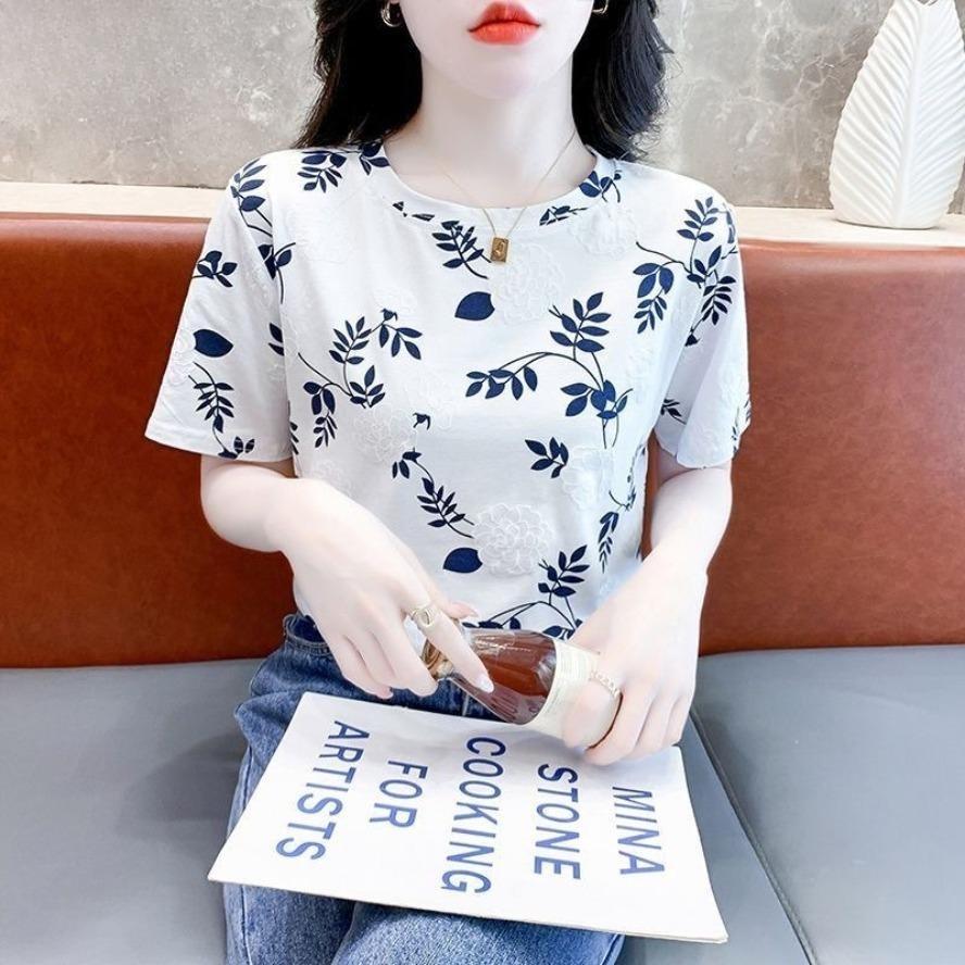 Damemote Uformelt sommer-vårblomstmønster med kortermet bluser og skjorter med o-hals