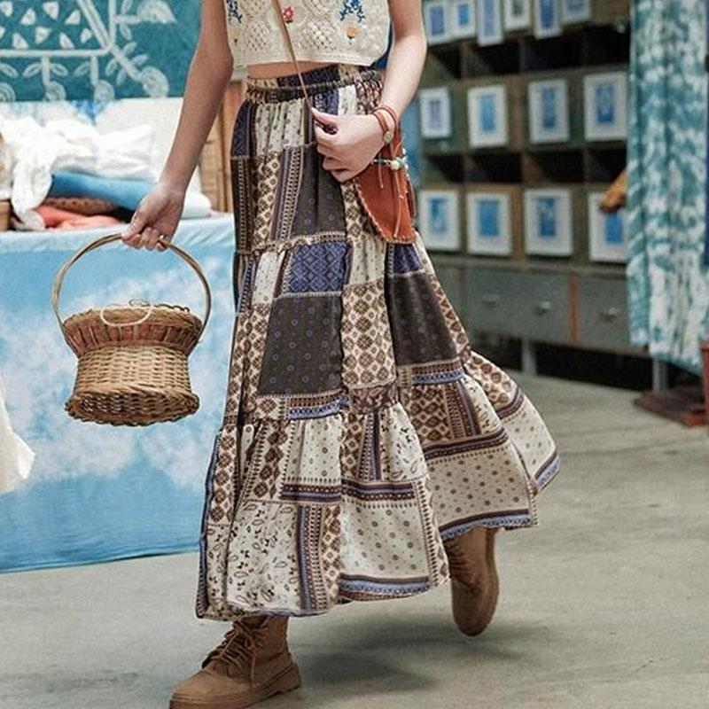 Spring and Autumn Retro Bohemian Style High Waist Skirt Beach Skirt
