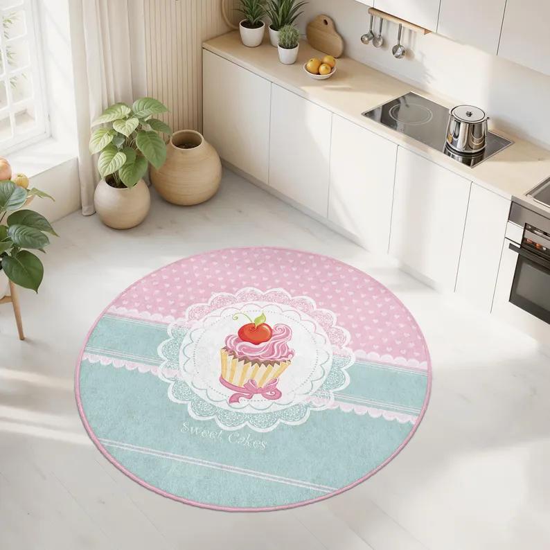 Cute Sweet Round Rug Pink Blue Lace Cupcake Pattern Floor Mat Soft Non-Slip Home Decor Carpet for Living Room Bedroom