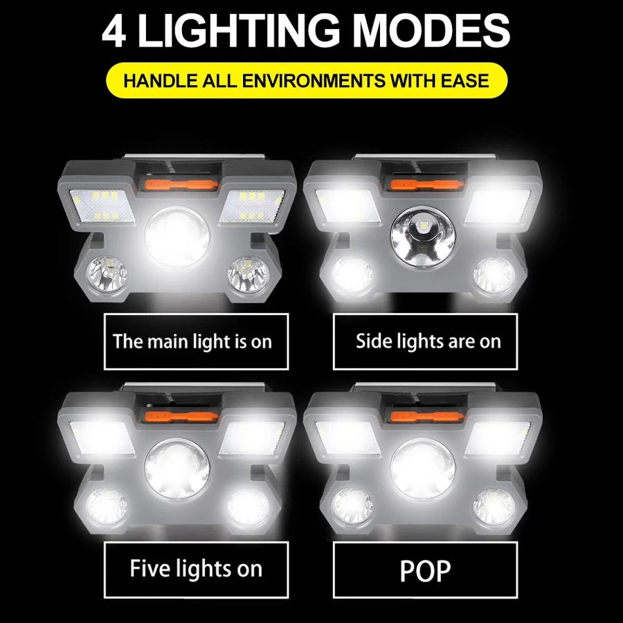 Powerful 5 LED Headlight USB Rechargeable Ultra Bright Headlamp Built-in 18650 Battery Head Torch Outdoor Camping Searchlight