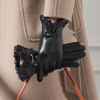Sheepskin Gloves Women's Lace Bow New Velvet Lining Spring Classic Black Driving Gloves Genuine Leather Autumn Winter