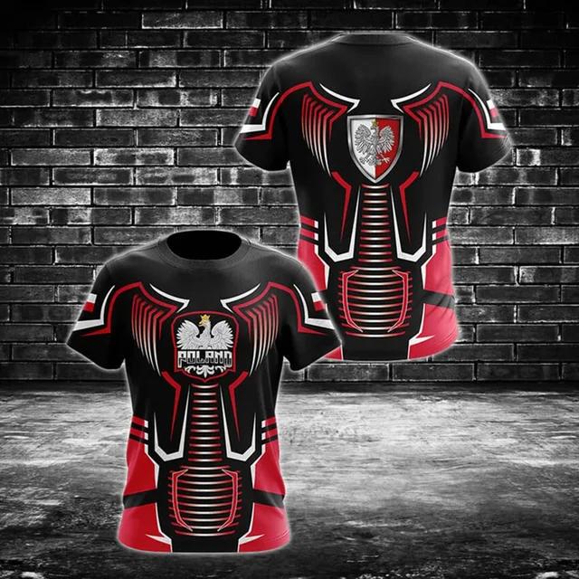 Polska flaga odznaka wojownik kamuflaż druk 3D męska koszulka z okrągłym dekoltem z krótkim rękawem ponadgabarytowa luźna modna koszulka sportowa szybkoschnąca