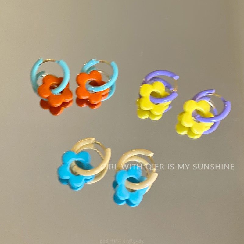 Dopamine contrasting color glazed flower ear buckle simple sweet small fresh earrings fashionable niche versatile earrings