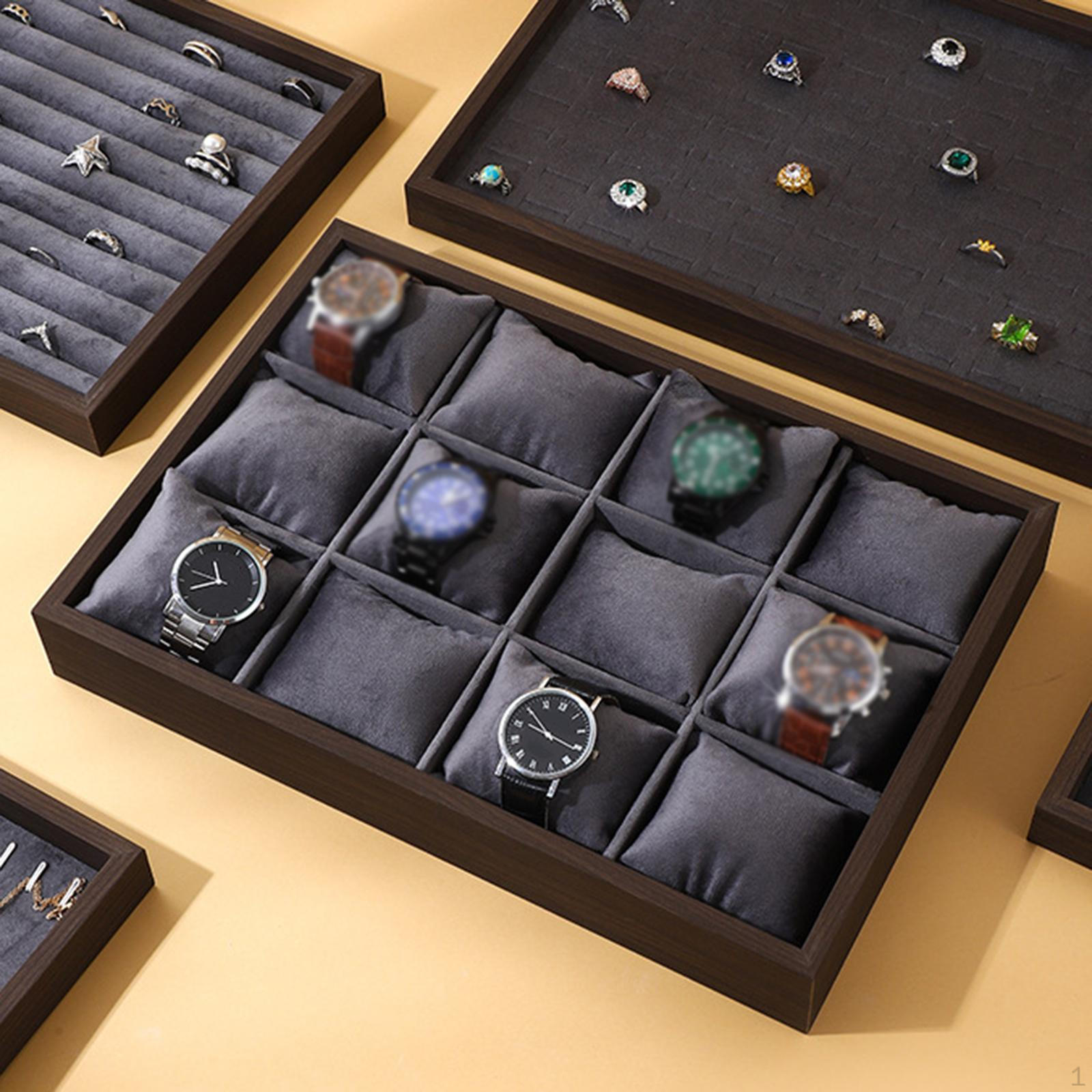 

Бархатный держатель для дисплея, Органайзер для часов, Стильный деревянный аксессуар 12 слотов Подставка для ювелирных изделий Grey Inside