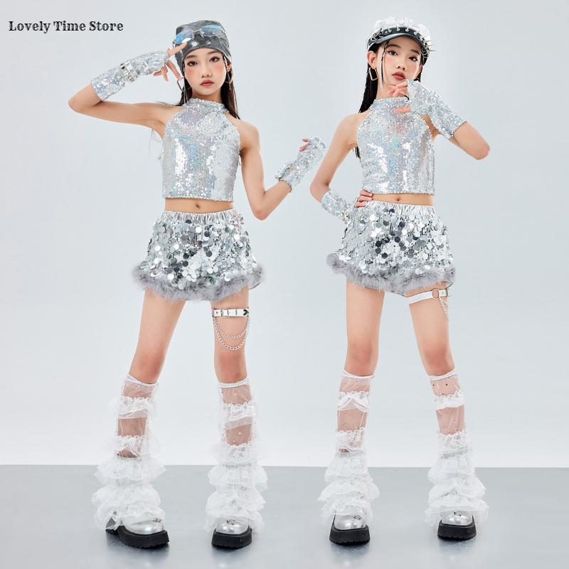 Hip Hop Girls Shiny Silver Crop Top Street Dance Sequin Shorts Kid K-pop Jazz Clothes Set Children Girl Group Streetwear Costume