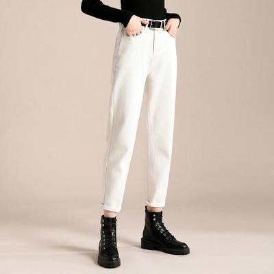 Women's Fleece-Lined High-Waisted White Carrot Dad Jeans