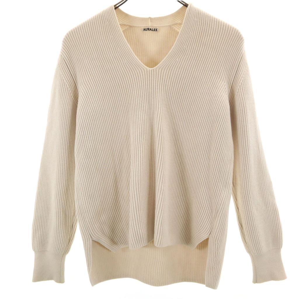 AURALEE made in Japan Long sleeve V neck sweater 1 beige Rib knit Women Used