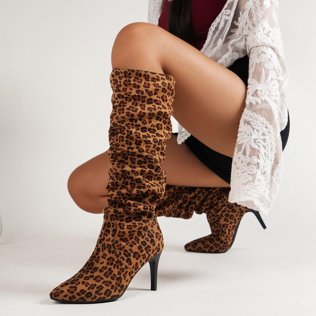 Fine Heel Leopard Print Pleated But Knee Boots Women's Autumn Pointed Large Size Sexy High Heel Fashion Boots