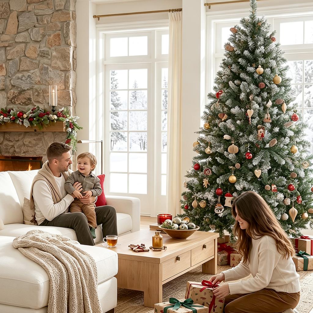 Artificial Christmas Tree 180cm with 910 Branches with Snow, 58 Pine Cones and Foldable Metal Stand, Easy Assembly, Green