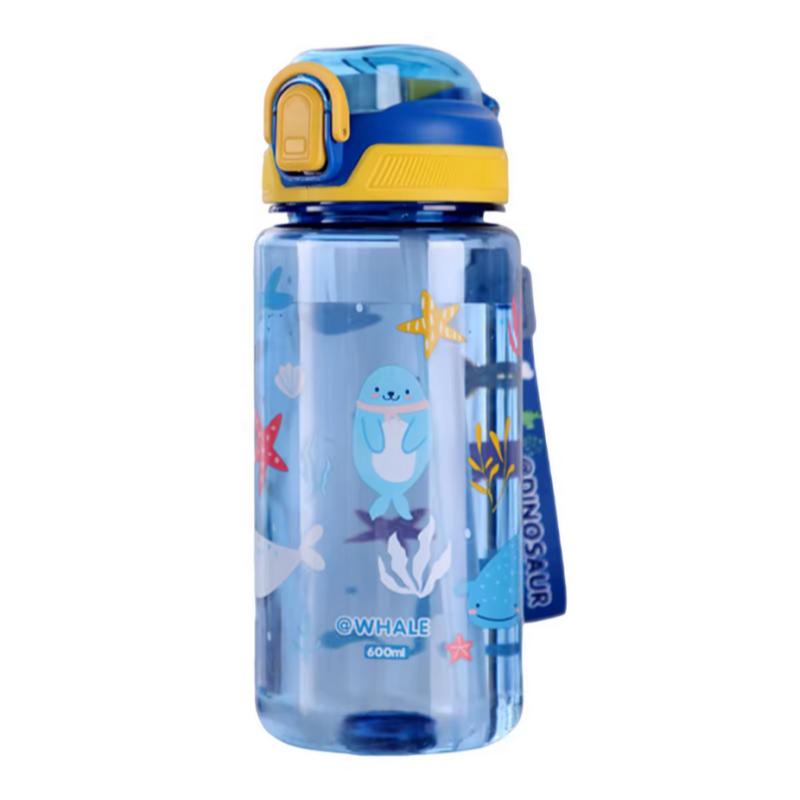 600ml Cute Water Bottle with Silicone Straw Leakproof Dinosaur Rabbit Design Portable Outdoor Sports Drinkware for School Travel