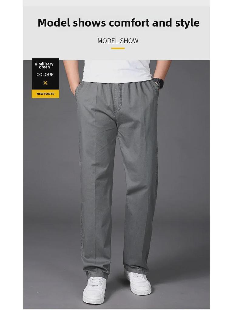 Heren Casual Losse Broek met Meerdere Zakken, Elastische Taille, Plus Size, Effen Kleur, Dun voor Lente en Herfst