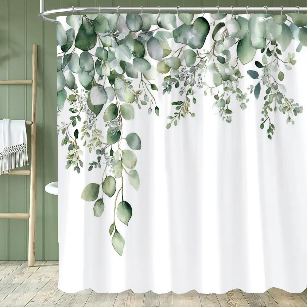 Green Leaf Shower Curtain, Plants and Eucalyptus Leaves Bathroom Decor, Waterproof Polyester Shower Curtain, Home Decor Curtain