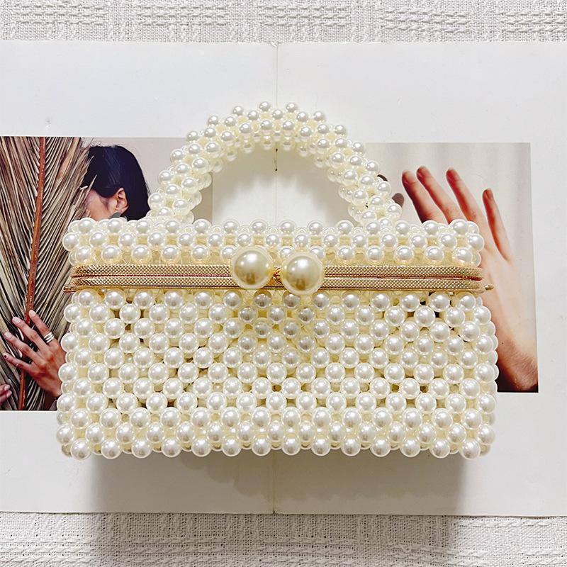 

Imitation Pearl Woven Hollow Out Square Bag 2026 New Unlined Handbag Elegant Solid Color Bead Women s Braided Bag белый