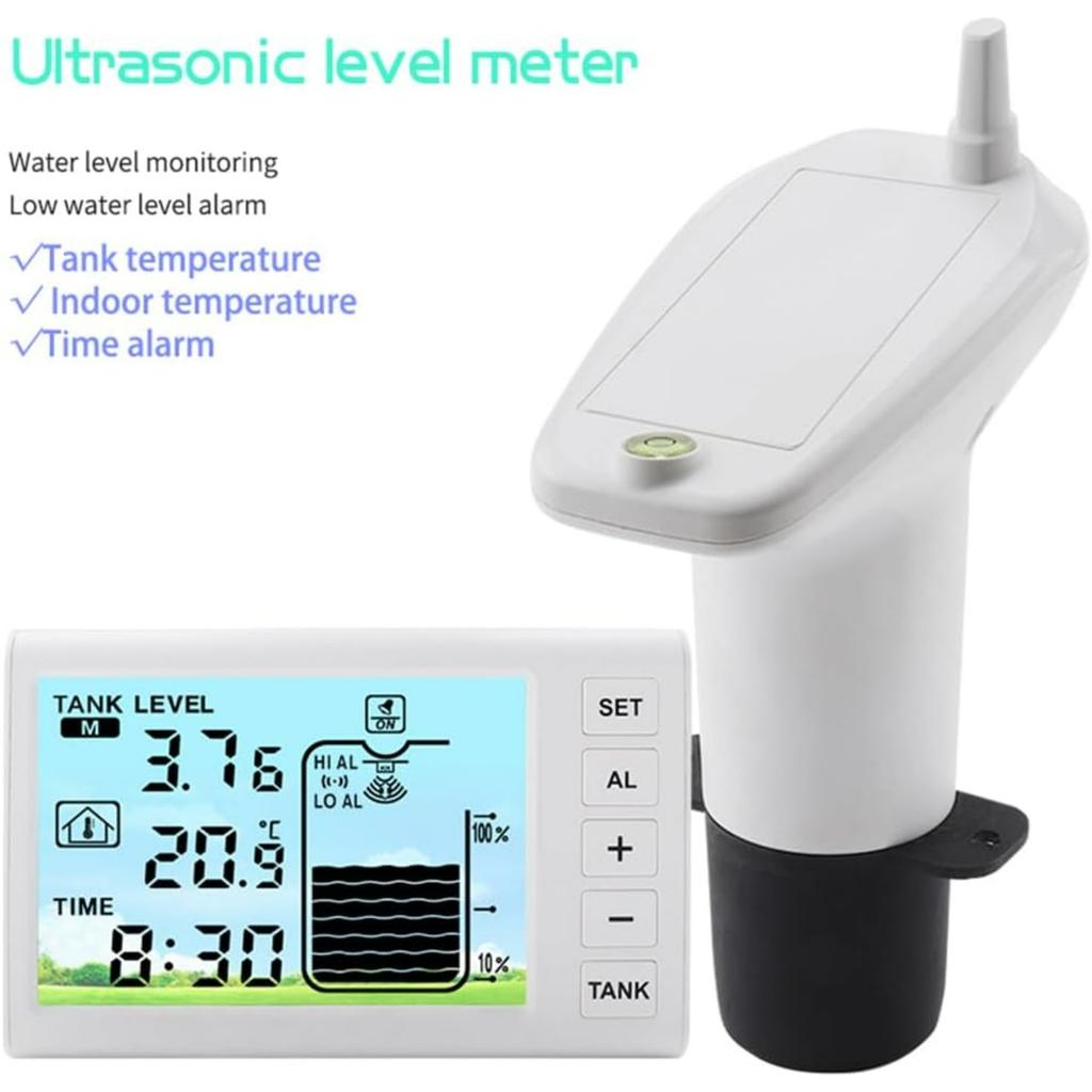 Wireless Ultrasonic Level Gauge Water Tank Liquid Level Meter with Temperature Sensor Liquid Depth Level Gauge Indicator with Time Display