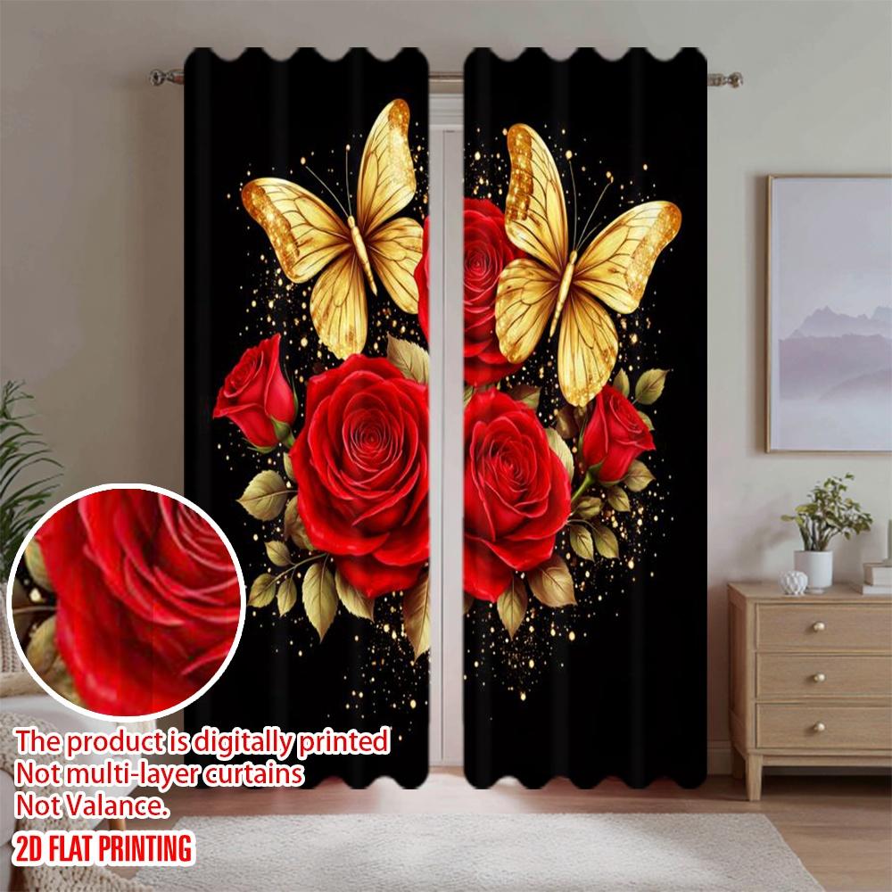 2D flat printing 2pcs Curtain Window Drapes Valentine's Roses and Butterflies Digital Printed Polyester Drapes Family Party