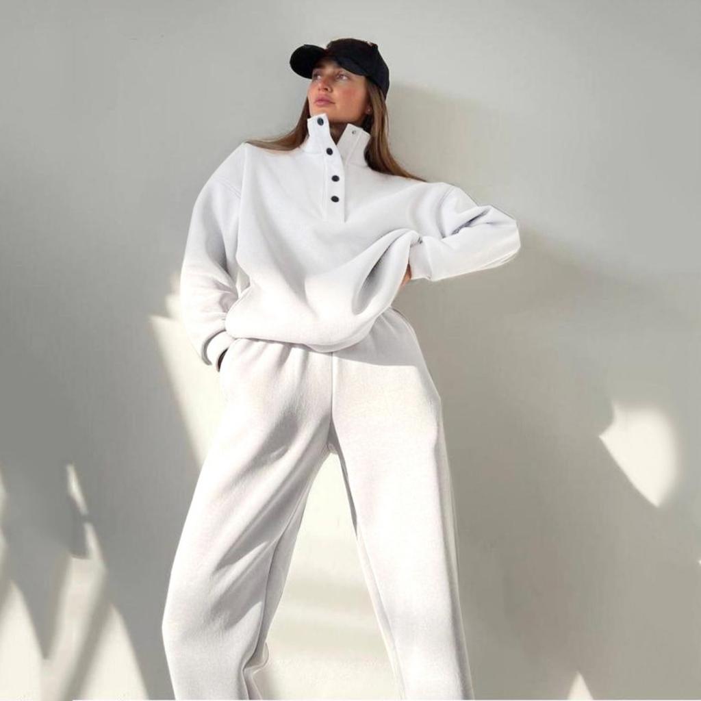 Spring and Autumn Women's Fashion Button Up Collar Hoodie Loose Pants, Hoodie Set
