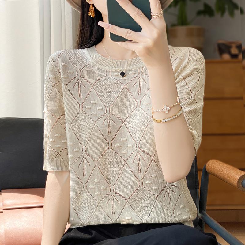 Women Knit T-shirt Summer Knitted Shirt Short Sleeve Tees O-neck Pullover Knit Tops Female