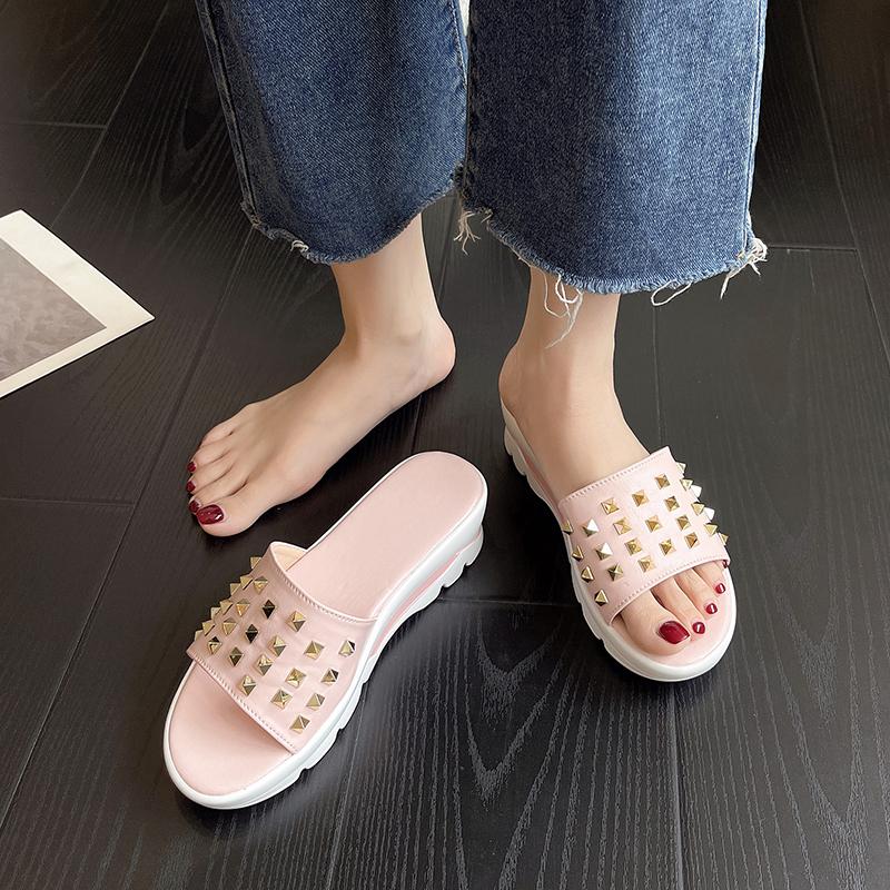Fashion 2025 Summer Fashion Punk Style Rivet Design Word Slippers New Women's Leisure Wedge Multi-color Plus Size Beach Slippers