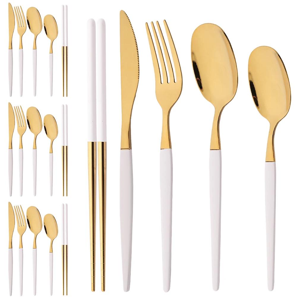20-teiliges goldenes Geschirrset Edelstahl Tafelgeschirr Steakmesser Gabel Löffel Teelöffel Essstäbchen Besteckset Küchenbesteck