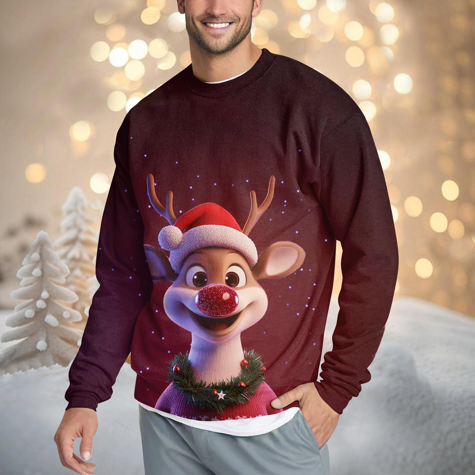 

Мужская повседневная модная удобная толстовка с круглым вырезом и принтом рождественского оленя XL