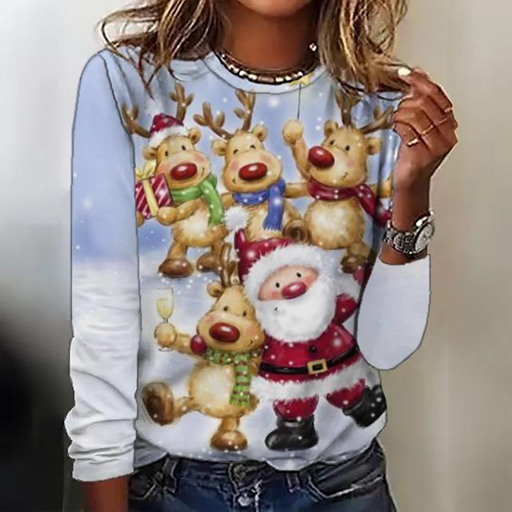 2025 Winter Women Loose Round Neck Long Sleeve T Shirts Fashion Casual 3D Santa Claus Gift Pattern Printed Christmas Party Tops
