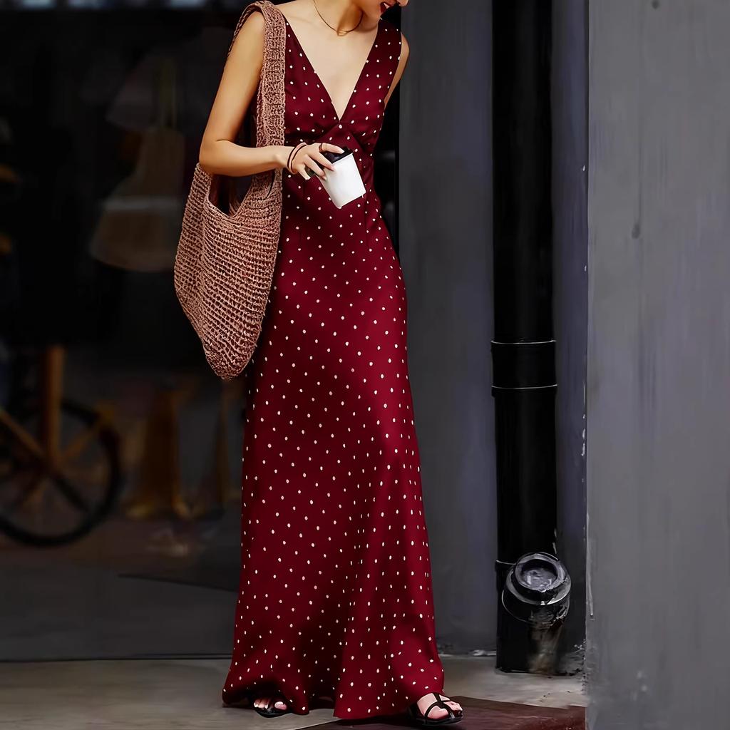 Women Sleeveless V Neck Polka Dot Print Maxi Dress Solid Color Casual Beach Dress