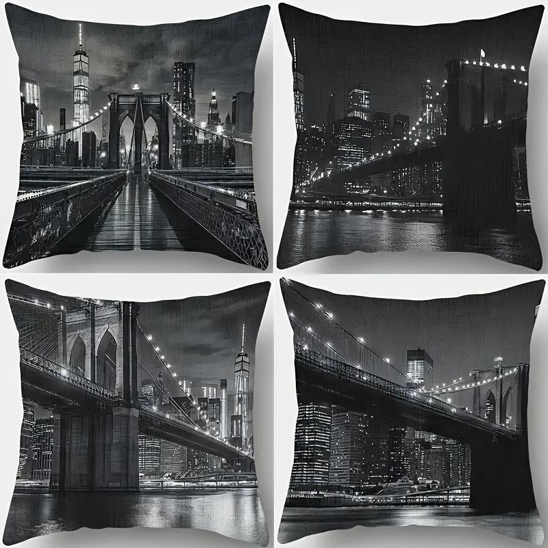 4 Sets Nachtansicht der Manhattan und Brooklyn Bridge Kissenbezüge, Kissenbezüge für städtische Wohnräume, mit Reißverschlüssen für Heimdekoration Kissenbezug