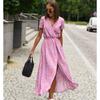 Summer Short Sleeve Vintage Print Sexy Women Dresses Casual Elegant Slim Fit V Neck Floral Long Dress Women High Waist Lace-up Party Club Dress 26101