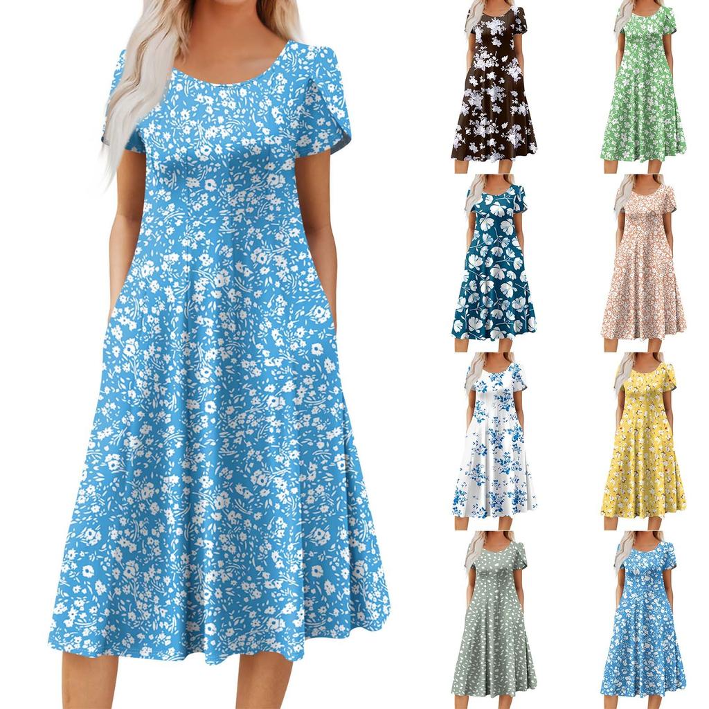 WomWomen's Casual Fashion Round Neck Short Sleeve Midi Dress Fashion Wedding Guest Dress