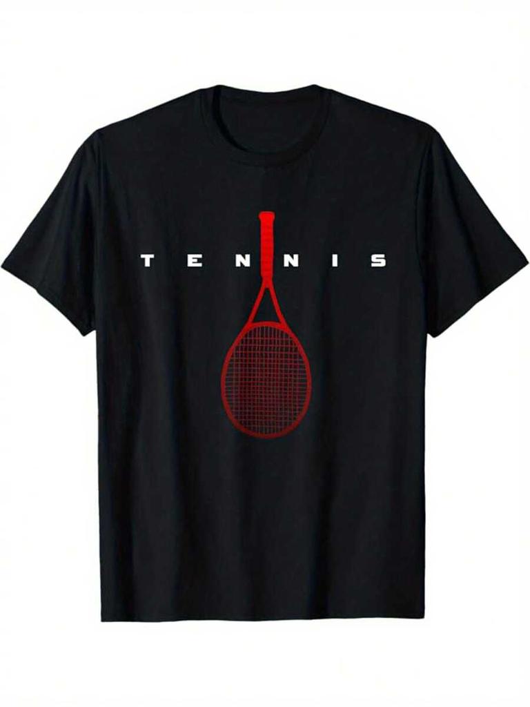 Tennis Print Unisex's Cotton Casual T-Shirt, Short Sleeve Crew Neck Top, Unisex's Clothing
