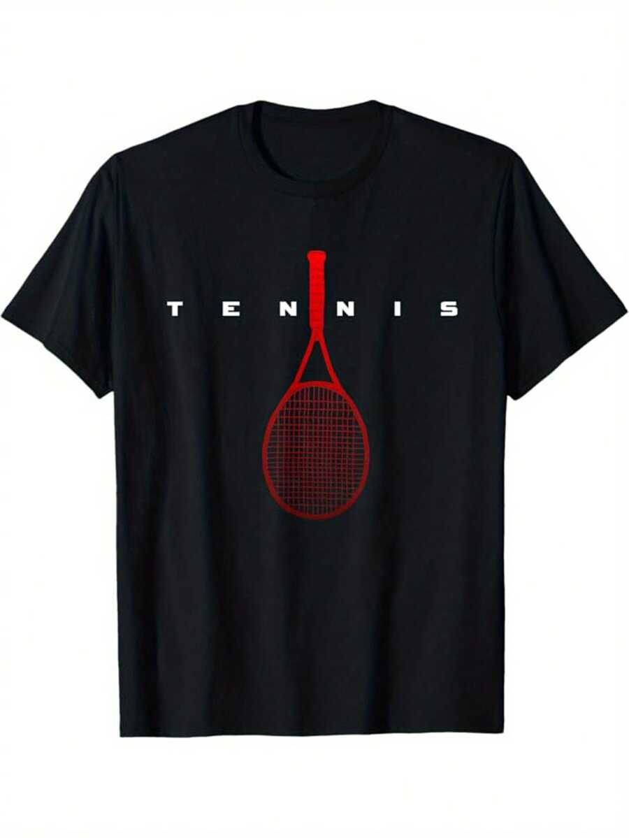Tennis Print Unisex s Cotton Casual T-Shirt, Short Sleeve Crew Neck Top, Unisex s Clothing L