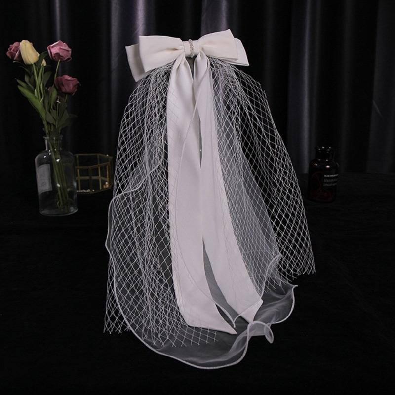 Ribbon Bowknot Long Tulle Marriage Bridal Veil with Fix Hair Clip for Marriage Wedding Celebration Party Accessories