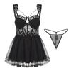 Women's Sheer Lace Deep V Padded Cami Lingerie Sleep Dress Set