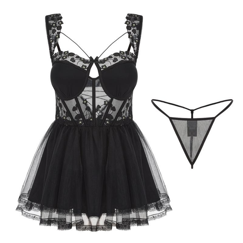 Women's Sheer Lace Deep V Padded Cami Lingerie Sleep Dress Set