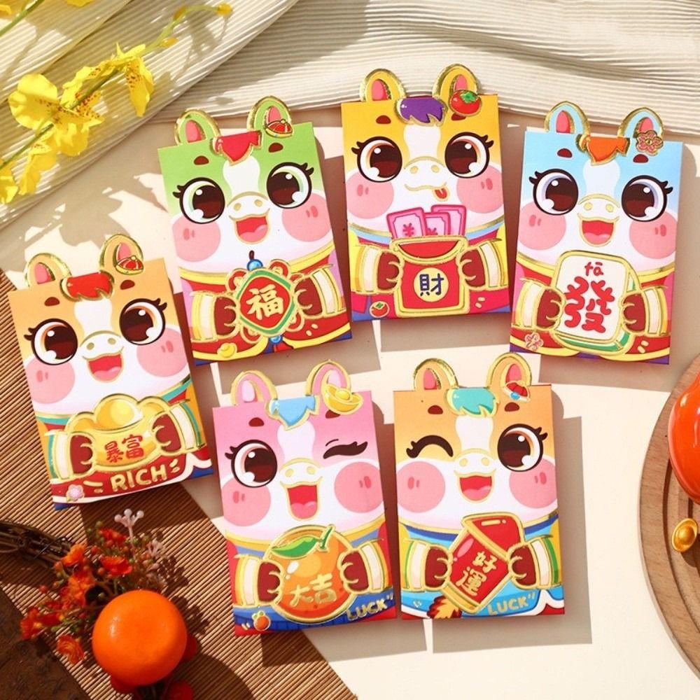 6pcs Red Color Chinese Red Envelopes Cartoon Lucky Money Envelopes New Year Red Hongbao Kids Gift