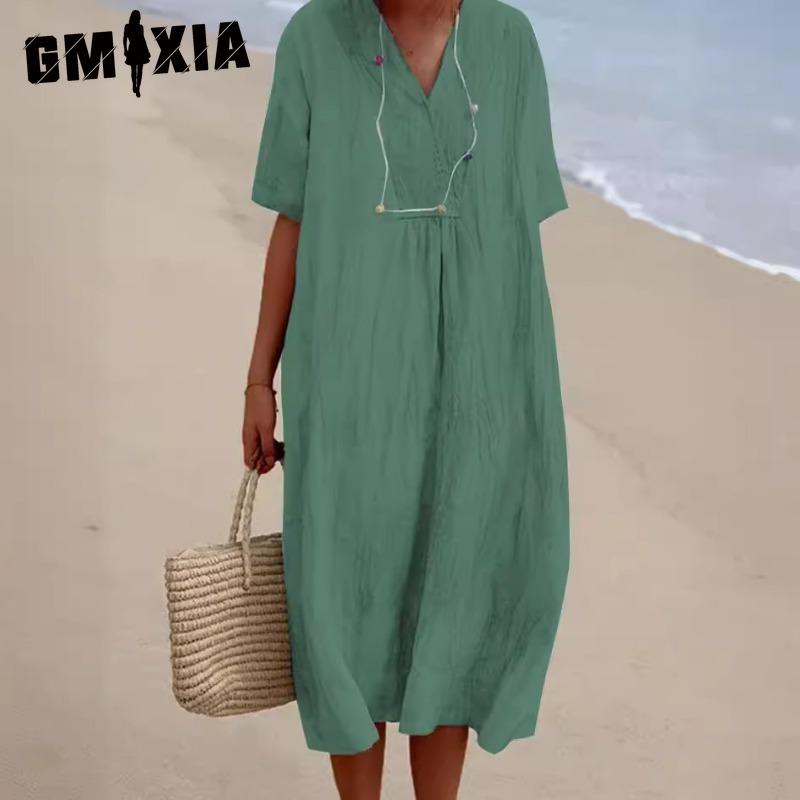 

GMXIA женские модные летние весенние однотонные повседневные платья с короткими рукавами и v-образным вырезом и высокой талией XXXL зелёный