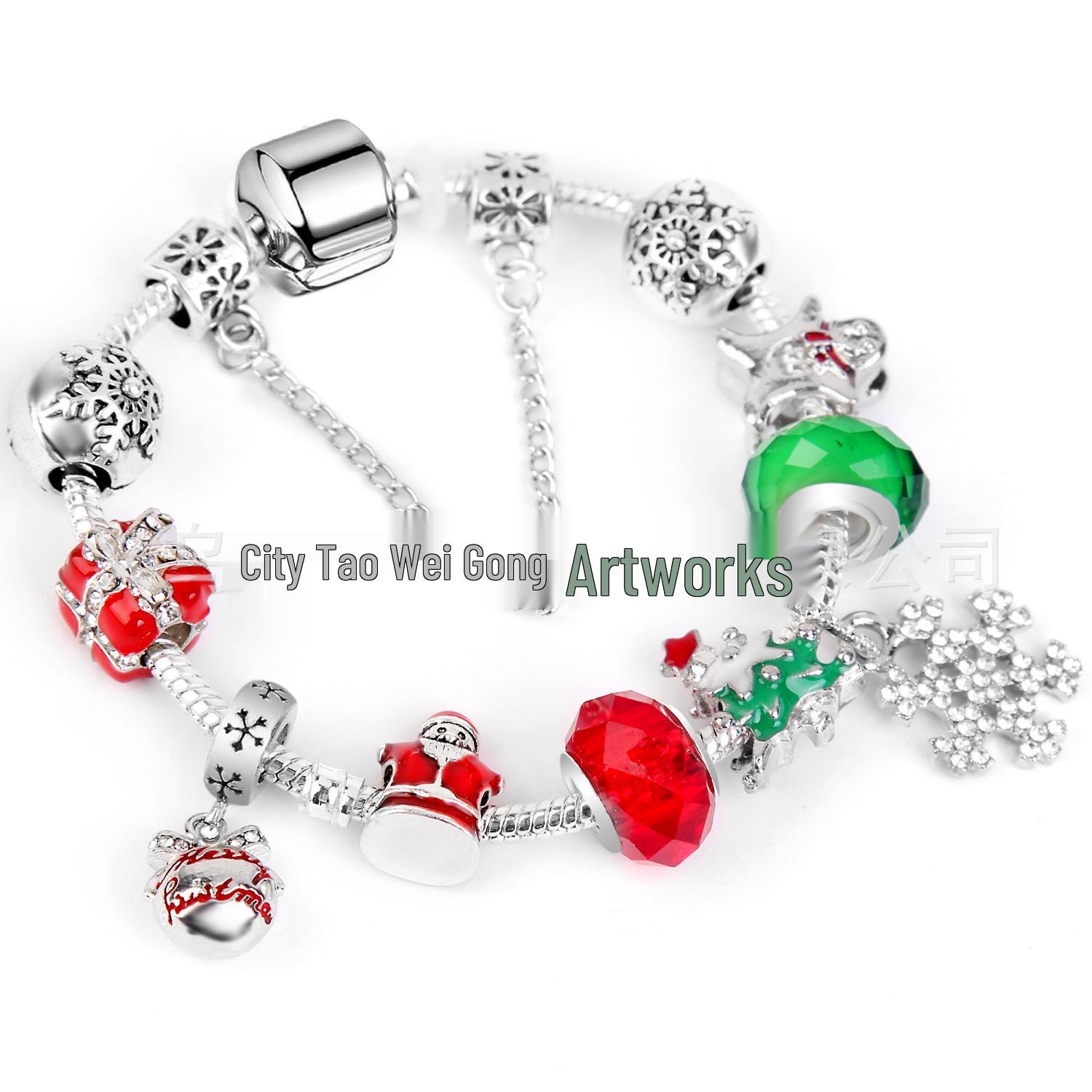 

Рождественский браслет из бусин с подвеской в виде снежинки и инкрустированными бриллиантами - Европейская и американская модная бижутерия Size 21 cm