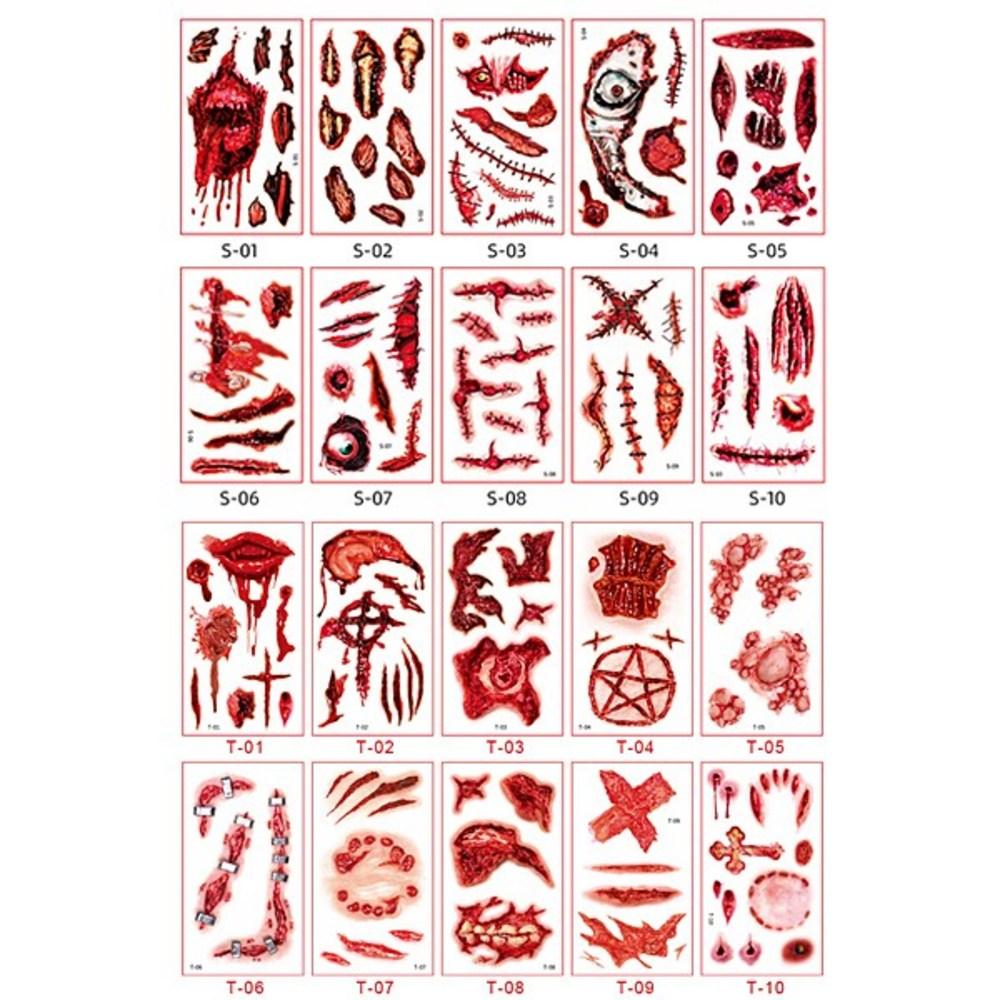 Ace Shop_Halloween Tattoo (20 pieces - 1 set) Tattoo Henna Zombie Wound Tattoo Makeup, 1 set, S+T (20 pieces)