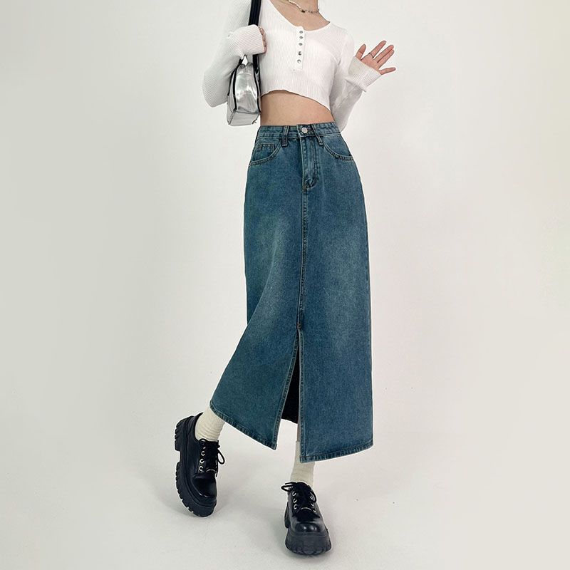 Юбка джинсовая с разрезом А-силуэта для женщин — фото 7