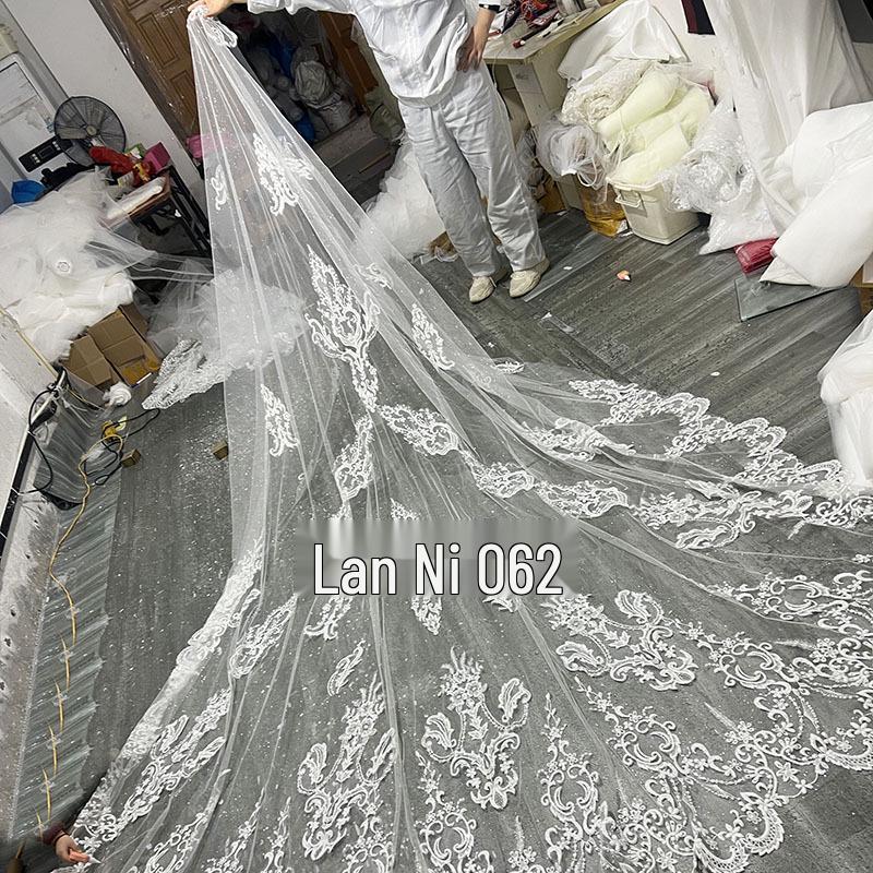 Элегантный Длинный Корейский Свадебный Фата с Кружевом и Обильной Вышивкой Бисером, Однослойный с Большим Шлейфом 3.5m x 3m Veil слоновая кость