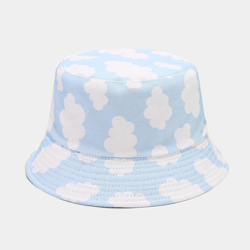 Spring new canvas bucket hat men and women refreshing blue sky white cloud pattern double-sided basin hat spring and summer outdoor hat