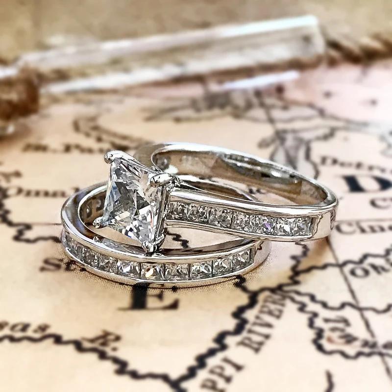 CAOSHI Classics Silver Color 2Pcs/Set Rings for Women Temperament Square Cubic Zirconia Jewelry Accessories for Wedding Party