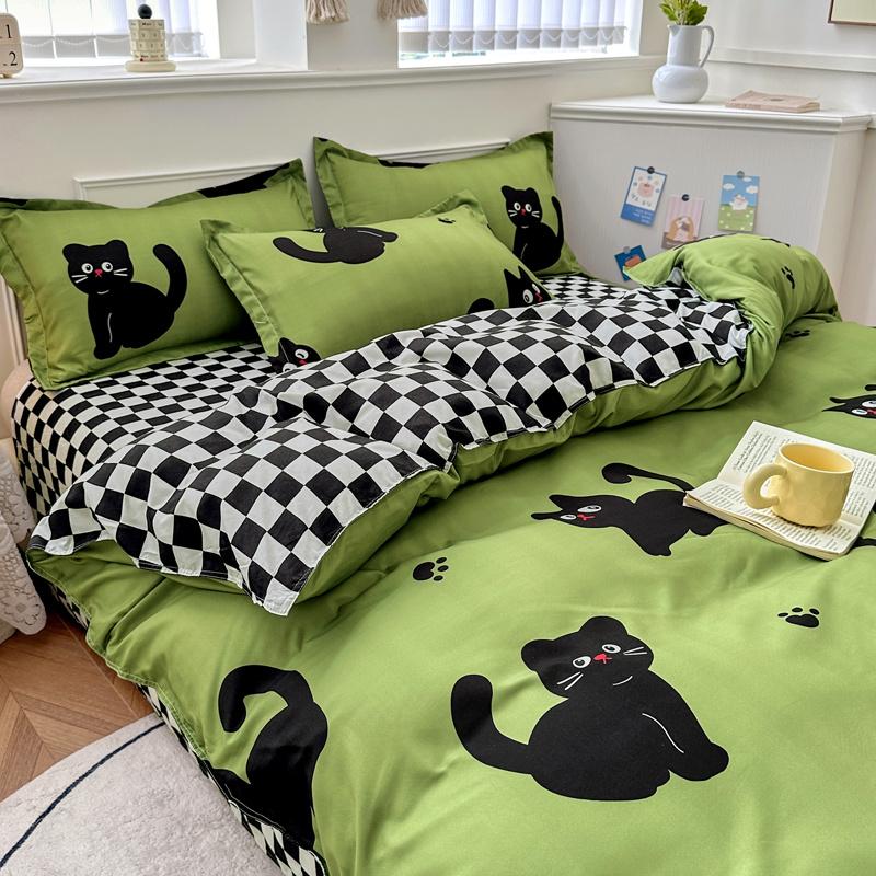 Cartoon Black Cat Duvet Cover SetKitten Bedding Set 4Pcs Quilt Cover 1 Flat Sheet And 2 Pillow ShamsPolyester Comforter Cover