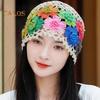 Women Hat Manual Colorful Hollow Out Knitted Flower Crochet Elastic Soft Breathable Lightweight Sunshade Soft Travel Outdoor Cap Brimless Beanie