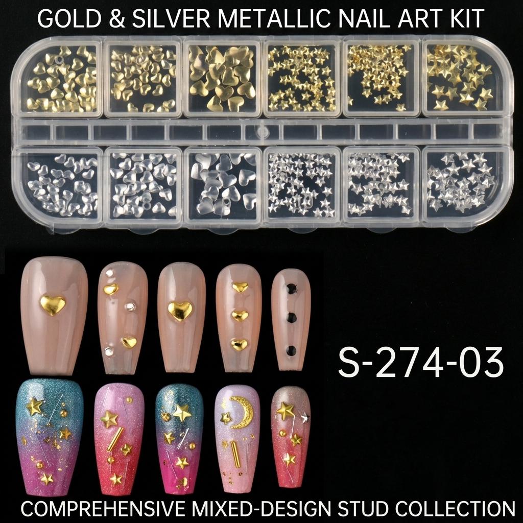12-Grid Mixed Size Gold Silver Metal Star Nail Decorations Alloy Plating Craftsmanship For Manicure DIY