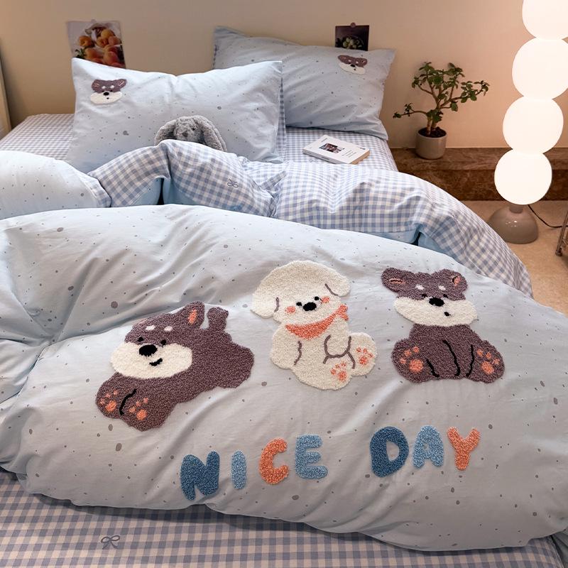 2025 New Style Full Cotton Embroidery Bedding Set: Includes Duvet Cover, Bed Sheet, and Three-Piece Dorm Towel Set