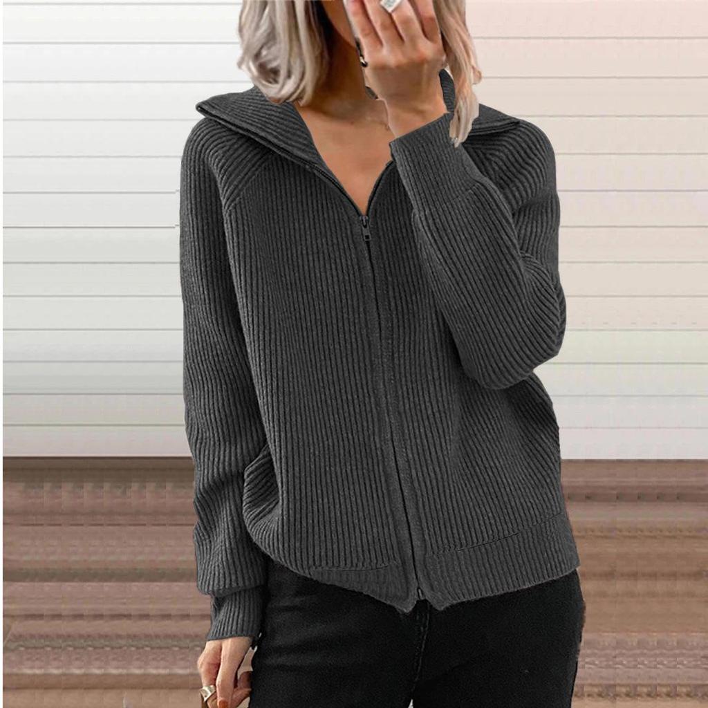Women's Striped Knit Zip Cardigan: Autumn-Winter Loose Fit, Long Sleeve, Turn-Down Collar